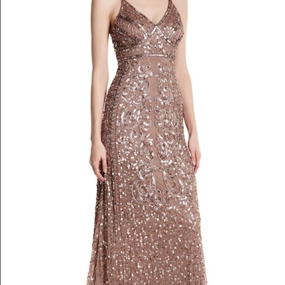 57 off marina dresses vneck beaded gown taupe size 12 nwt poshmark size 12 dresses